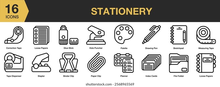 Stationery icon set. Includes stationery, school, office, notebook, supplies, collection, and More. Outline icons vector collection.