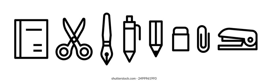 Stationery icon set. Notebook, scissors, pens, paperclip, stapler, eraser, etc.