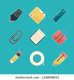 Stationery icon set. Pencil eraser pen paperclip stapler highlighter office supply equipment vector flat symbols