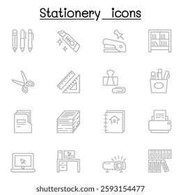 Stationery icon set in thin line style