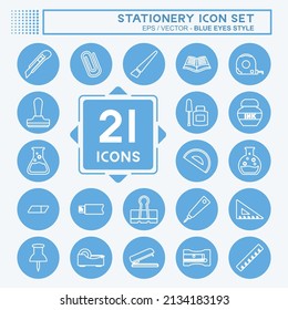Stationery Icon Set in trendy blue eyes style isolated on soft blue background