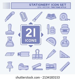 Stationery Icon Set in trendy two tone style isolated on soft blue background