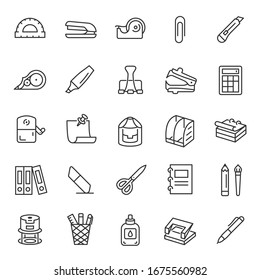 Stationery, Icon Set. Various Office Supplies For Paper Supplies And Documents, Linear Icons. Line With Editable Stroke