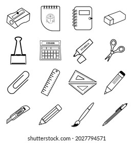 Stationery, icon set. Various office supplies for paper supplies and documents, linear icons. Line with editable stroke VECTOR SCHOOL