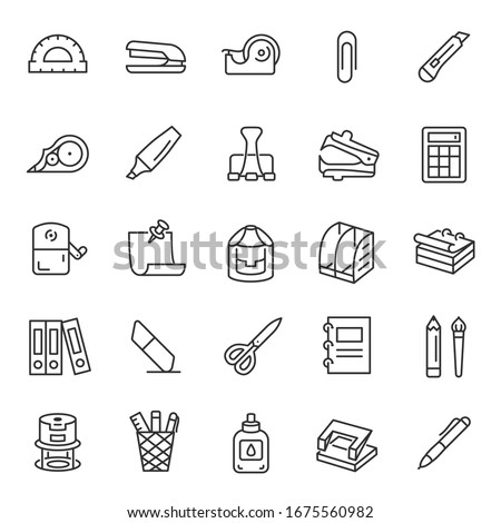 Stationery, icon set. Various office supplies for paper supplies and documents, linear icons. Line with editable stroke