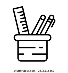 Stationery icon. Writing equipment for school. Ruler, pen, and pencil in the container