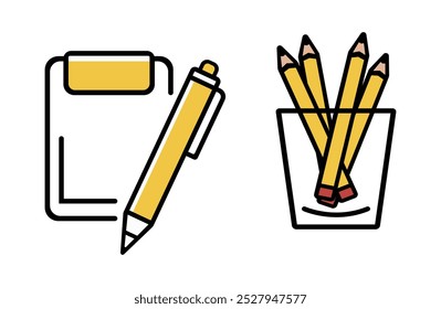 Stationery icons with black outline and yellow fill. Pencils in a glass, notepad and pen Vector illustration isolated on white background
