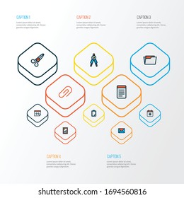 Stationery icons colored line set with clipboard, drawing compass, envelope and other survey elements. Isolated vector illustration stationery icons.