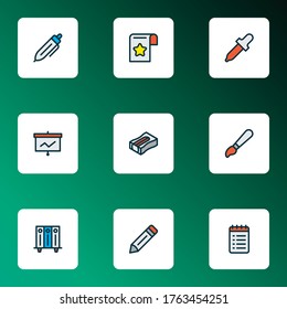 Stationery icons colored line set with brush, to do list, pen and other library elements. Isolated vector illustration stationery icons.