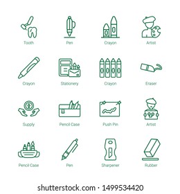 stationery icons. Editable 16 stationery icons. Included icons such as Tooth, Pen, Crayon, Artist, Stationery, Eraser, Supply, Pencil case, Push pin. trendy icons for web.