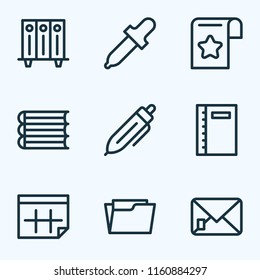 Stationery icons line style set with bookmark, folders on shelf, notebook and other letter elements. Isolated vector illustration stationery icons.