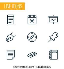 Stationery icons line style set with spiral notebook, eraser, day x and other navigation elements. Isolated vector illustration stationery icons.