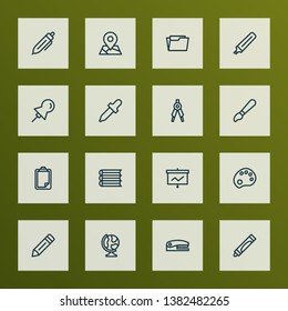 Stationery icons line style set with clipboard, globe, brush and other writing elements. Isolated vector illustration stationery icons.