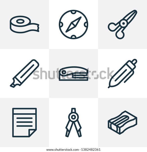 Stationery icons line style set with notes,\
scotch, stapler and other divider elements. Isolated vector\
illustration stationery\
icons.
