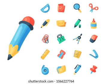 Stationery icons office supply vectorschool tools and accessories set education assortment pencil marker pen isolated on white background illustration