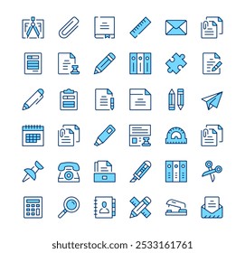 Stationery icons. Outline symbols. Vector blue line icons set