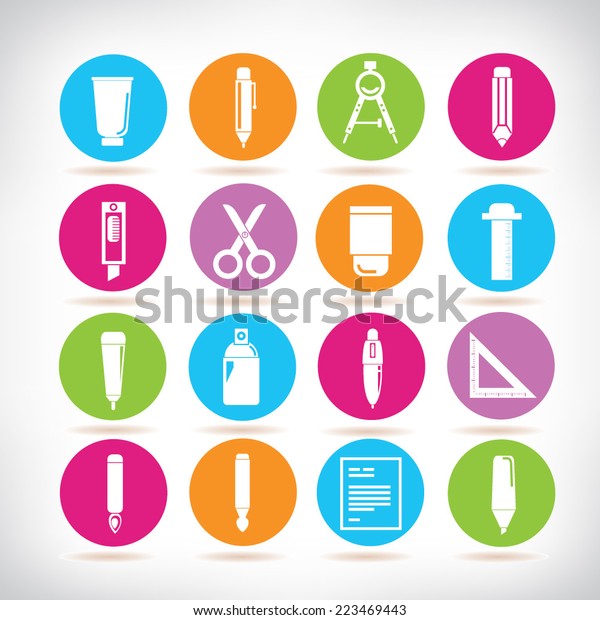 stationery icons, paint and writing tools icons,
colorful circle buttons
set