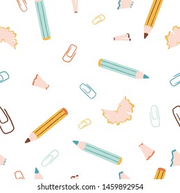 Stationery icons seamless pattern. Included the icons as color pencils, paper clips.