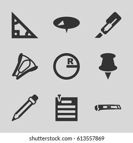 Stationery icons set. set of 9 stationery filled icons such as cutter, pencil, stapler, paper pin, pin, triangle