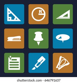 Stationery icons set. set of 9 stationery filled icons such as cutter, ruler, stapler, paper pin, pin, triangle