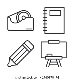 Stationery icons set = adhesive tape, notebook, pencil, blackboard. Perfect for website mobile app, app icons, presentation, illustration and any other projects.