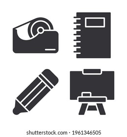 Stationery icons set = adhesive tape, notebook, pencil, blackboard. Perfect for website mobile app, app icons, presentation, illustration and any other projects.