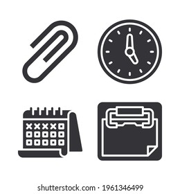 Stationery icons set = clip, clock, calendar, clipboard. Perfect for website mobile app, app icons, presentation, illustration and any other projects.