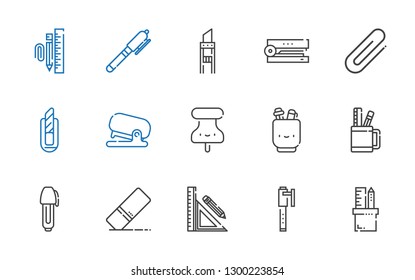 stationery icons set. Collection of stationery with pencil case, pen, eraser, pushpin, stapler, cutter, clip, stationary. Editable and scalable stationery icons.