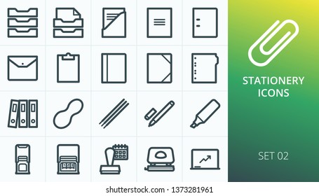 Stationery Icons Set. Set Of File Folder, Document Binder, Pen Marker, Presentation Magnetic Board, Dater And Numering Stamp, Rubber Band, Finger Wet Sponge For Casher, Clipboard Vectors Icons.