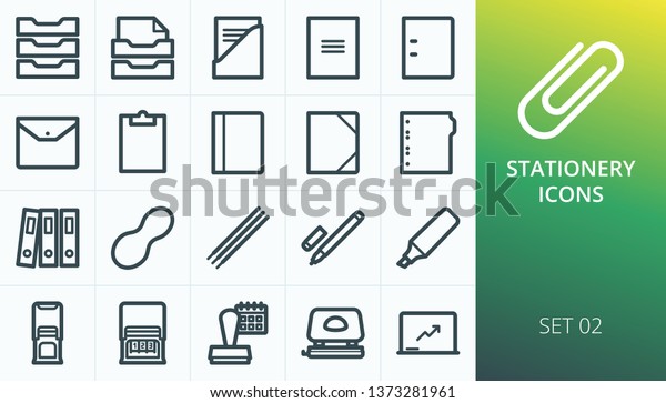 Stationery icons set. Set of file folder, document
binder, pen marker, presentation magnetic board, dater and numering
stamp, rubber band, finger wet sponge for casher, clipboard vectors
icons.