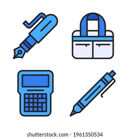 Stationery icons set (Filled Line) = foutain pen, briefcase, calculator, pen. Perfect for website mobile app, app icons, presentation, illustration and any other projects.