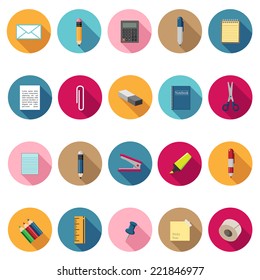 Stationery icons set in flat design with long shadow. Illustration eps10