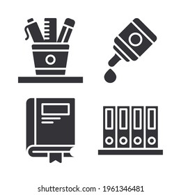 Stationery icons set = pencil holder, glue, book, book shelf . Perfect for website mobile app, app icons, presentation, illustration and any other projects.