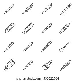 Stationery icons set. School supplies, thin line design. Tools for writing and drawing, linear symbols collection. isolated vector illustration.