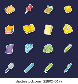 Stationery icons set stikers collection vector with shadow on purple background