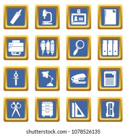 Stationery icons set vector blue square isolated on white background 