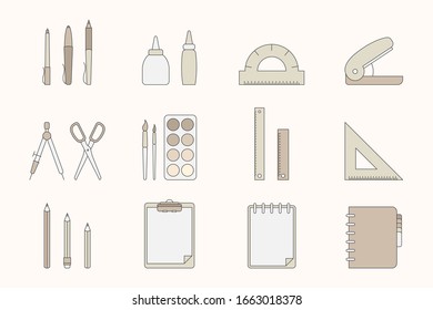 Stationery Icons set - Vector color symbols of pencil, pen, ruler, scissors, eraser, marker, paintbrush, glue for the site or interface