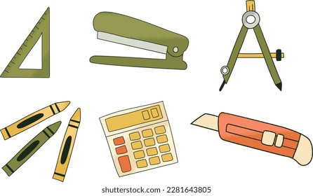 Stationery icons set. Vector illustration in doodle style.