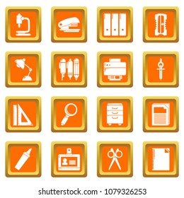 Stationery icons set vector orange square isolated on white background 