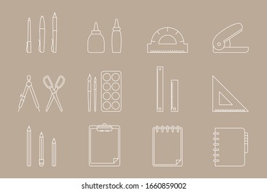 Stationery Icons set - Vector outline symbols of pencil, pen, ruler, scissors, eraser, marker, paintbrush, glue for the site or interface