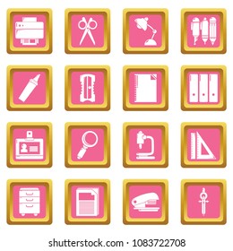 Stationery icons set vector pink square isolated on white background 