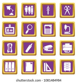 Stationery icons set vector purple square isolated on white background 