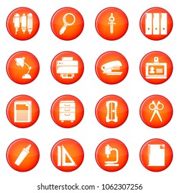 Stationery icons set vector red circle isolated on white background 