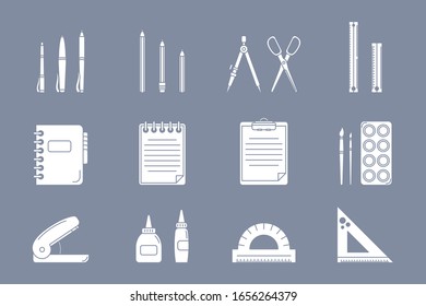 Conjunto de iconos de diseño - Siluetas vectoriales de lápiz, pluma, regla, tijeras, borrador, marcador, pincel, pegamento para el sitio o interfaz