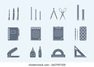 Stationery Icons set - Vector silhouettes of pencil, pen, ruler, scissors, eraser, marker, paintbrush, glue for the site or interface