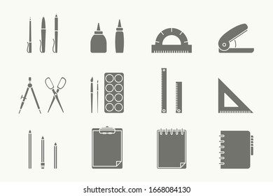 Stationery Icons set - Vector silhouettes of pencil, pen, ruler, scissors, eraser, marker, paintbrush, glue for the site or interface