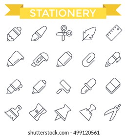 Stationery icons, thin line flat design