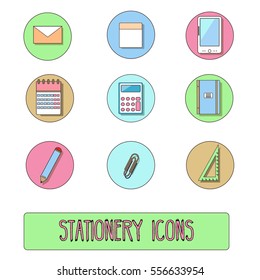 Stationery icons. Vector set of office objects symbols, hand drawn style. Tablet, calendar, calculator, pencil and other objects. Isolated design elements