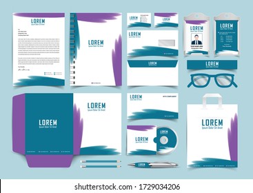 Stationery identity template set. Business stationery mock-up. Branding design. Letterhead, envelope, presentation folder, pencil, compliment slip, paper bag, notebook, id card and business card, 