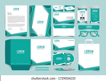 Stationery identity template set. Business stationery mock-up. Branding design. Letterhead, envelope, presentation folder, pencil, compliment slip, paper bag, notebook, id card and business card, 